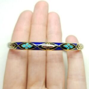 Vintage Blue Enamel and Gold Tone Bangle Bracelet, Stacking Colorful Estate